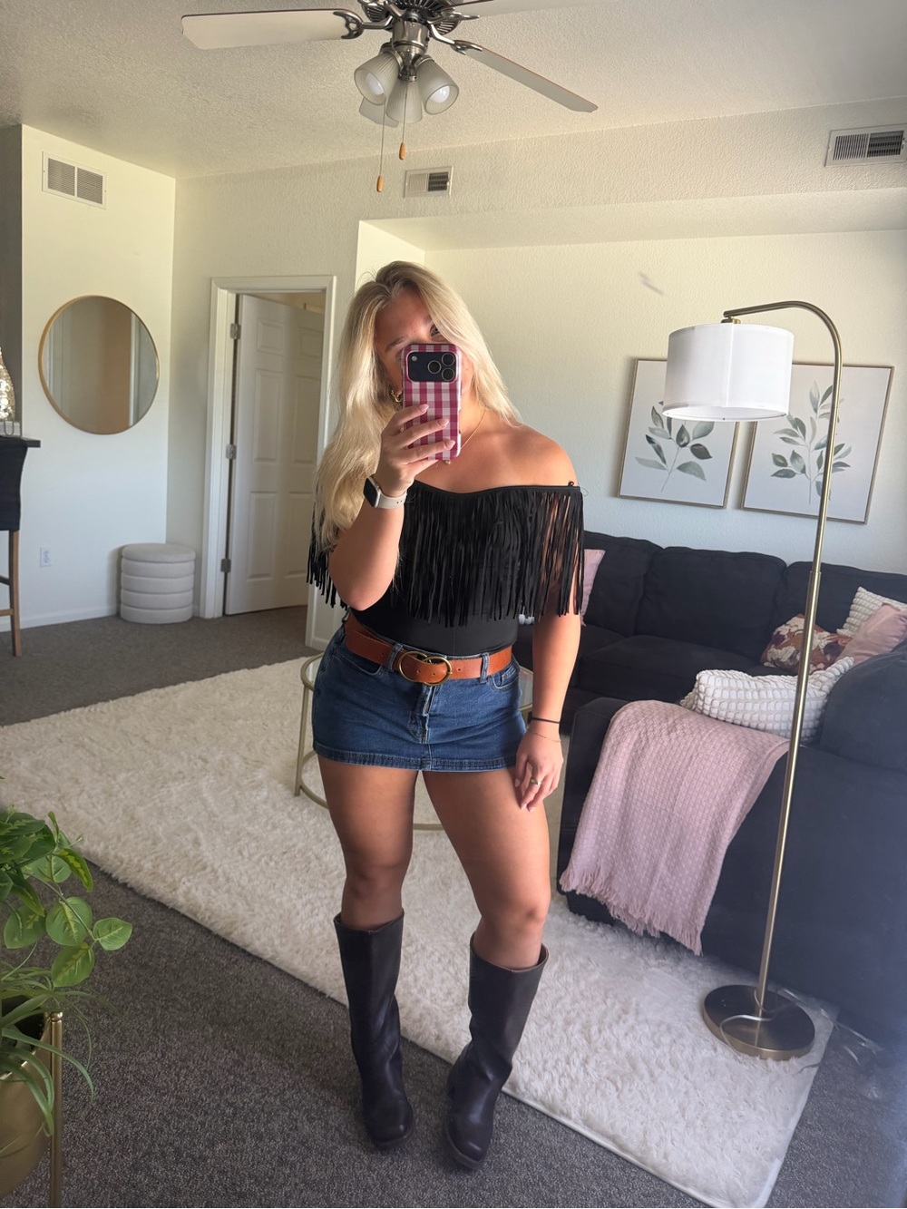 Off-Shoulder Black Fringe Crop Top - Women